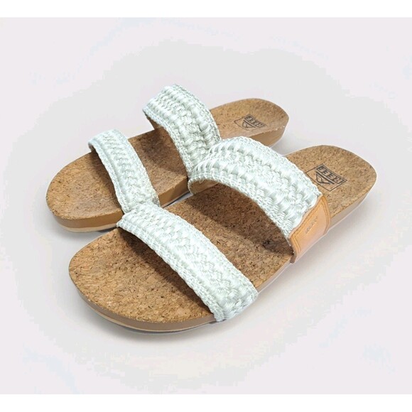 REEF Women's 10 Cushion Vista Thread Sandals Cork Braided White Brown Beach Pool - Picture 1 of 10